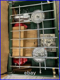 Vintage Coleman 425E499 Two Burner Camp Stove Fuel Gas Red Tank New in Box
