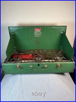 Vintage Coleman 426D 3 Burner Liquid Fuel Camp Stove Suitcase Green Made in USA
