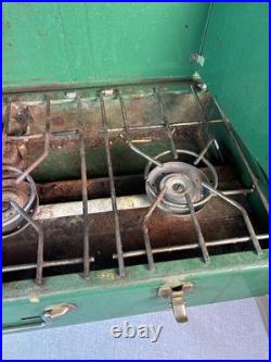 Vintage Coleman 426D 3 Burner Liquid Fuel Camp Stove Suitcase Green Made in USA