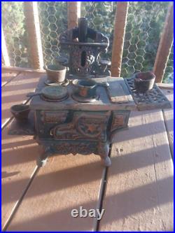 Vintage Crescent Cast Iron Miniature Stove with Parts, Pots & Pans Unmodified