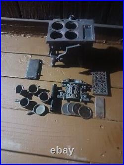Vintage Crescent Cast Iron Miniature Stove with Parts, Pots & Pans Unmodified