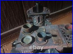 Vintage Crescent Cast Iron Miniature Stove with Parts, Pots & Pans Unmodified