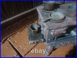 Vintage Crescent Cast Iron Miniature Stove with Parts, Pots & Pans Unmodified