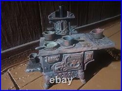 Vintage Crescent Cast Iron Miniature Stove with Parts, Pots & Pans Unmodified