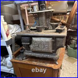 Vintage Crescent Miniature Cast Iron Stove And Pans Antique Dollhouse Toy