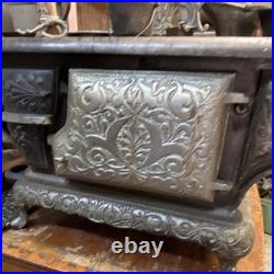 Vintage Crescent Miniature Cast Iron Stove And Pans Antique Dollhouse Toy