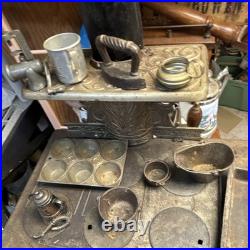 Vintage Crescent Miniature Cast Iron Stove And Pans Antique Dollhouse Toy
