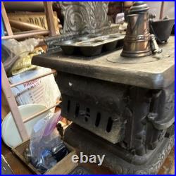 Vintage Crescent Miniature Cast Iron Stove And Pans Antique Dollhouse Toy