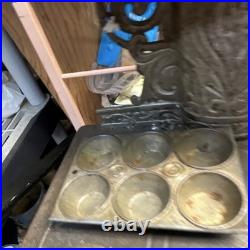 Vintage Crescent Miniature Cast Iron Stove And Pans Antique Dollhouse Toy