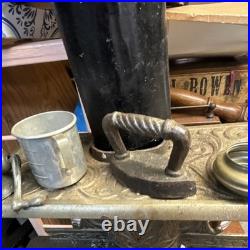 Vintage Crescent Miniature Cast Iron Stove And Pans Antique Dollhouse Toy