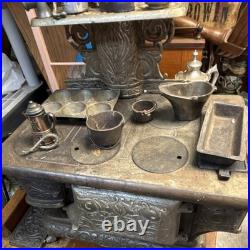 Vintage Crescent Miniature Cast Iron Stove And Pans Antique Dollhouse Toy