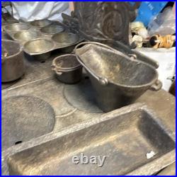 Vintage Crescent Miniature Cast Iron Stove And Pans Antique Dollhouse Toy