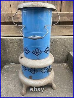 Vtg Blue Porcelain Kerosene Oil Heater Parlor Stove Farmhouse Camping Western